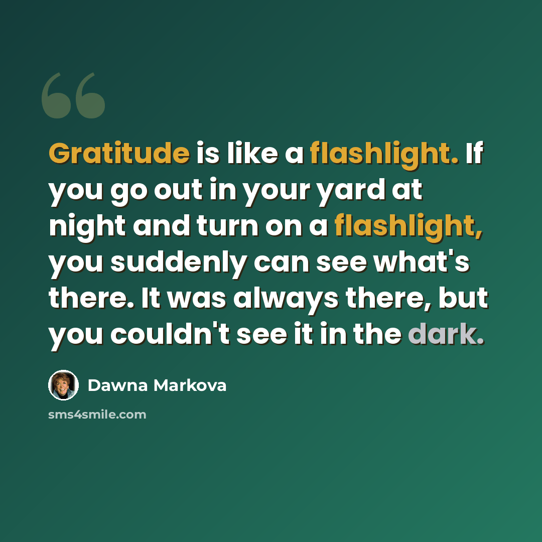 “Gratitude is like a flashlight. If you go out in your yard at night and turn on a flashlight, you suddenly can see what's there. It was always there, but you couldn't see it in the dark.” quote by Dawna Markova