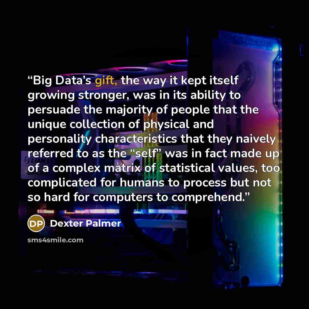 “Big Data’s gift, the way it kept itself growing stronger, was in its ability to persuade the majority of people that the unique collection of physical and personality characteristics that they naively referred to as the “self” was in fact made up of a complex matrix of statistical values, too…” quote by Dexter Palmer