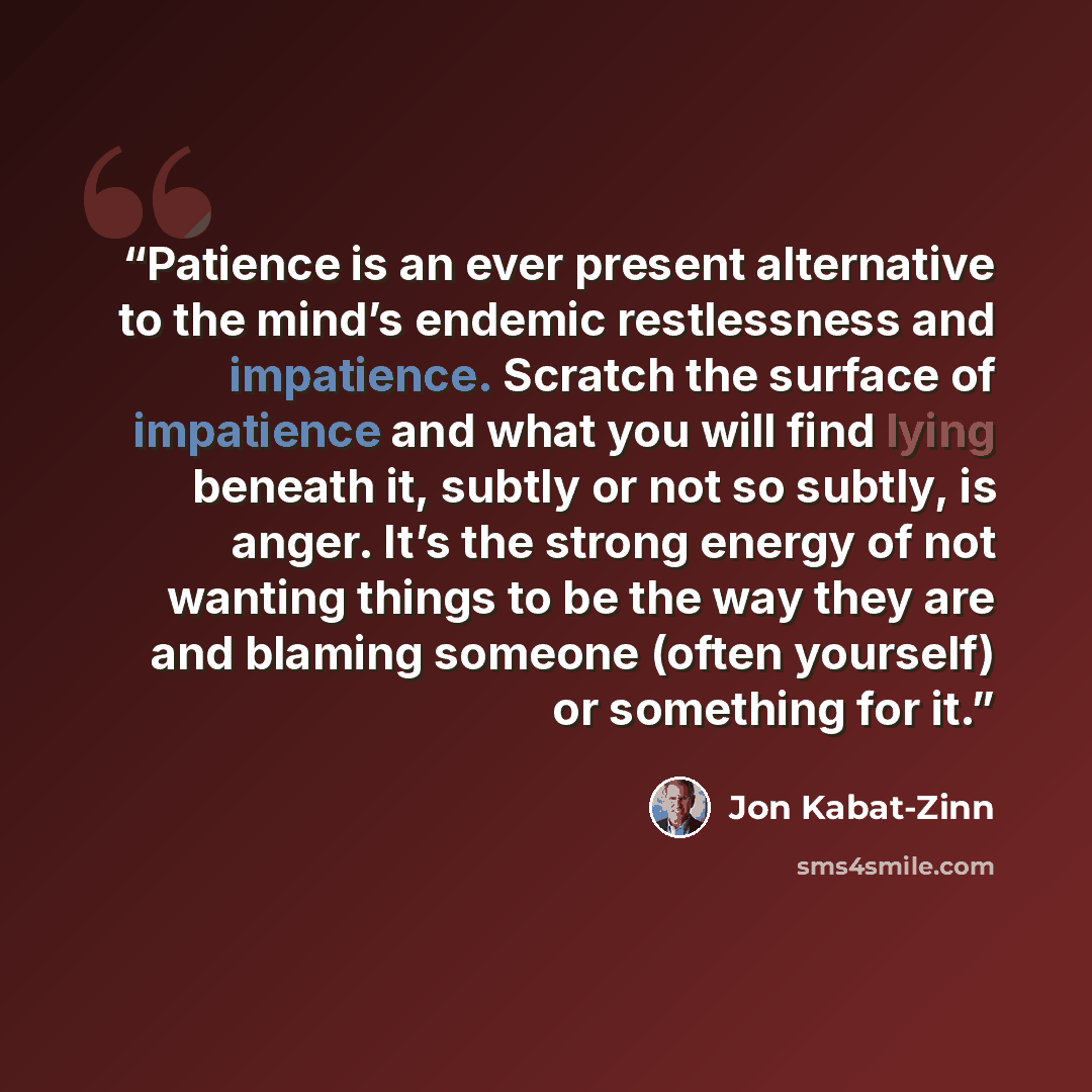 “Patience is an ever present alternative to the mind’s endemic restlessness and impatience. Scratch the surface of impatience and what you will find lying beneath it, subtly or not so subtly, is anger. It’s the strong energy of not wanting things to be the way they are and blaming someone (often…” quote by Jon Kabat-Zinn