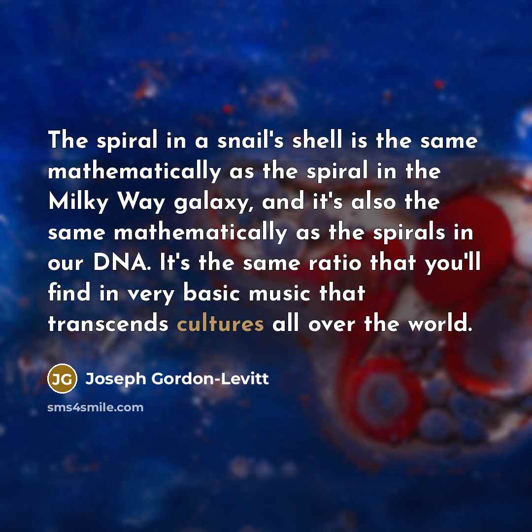“The spiral in a snail's shell is the same mathematically as the spiral in the Milky Way galaxy, and it's also the same mathematically as the spirals in our DNA. It's the same ratio that you'll find in very basic music that transcends cultures all over the world.” quote by Joseph Gordon-Levitt