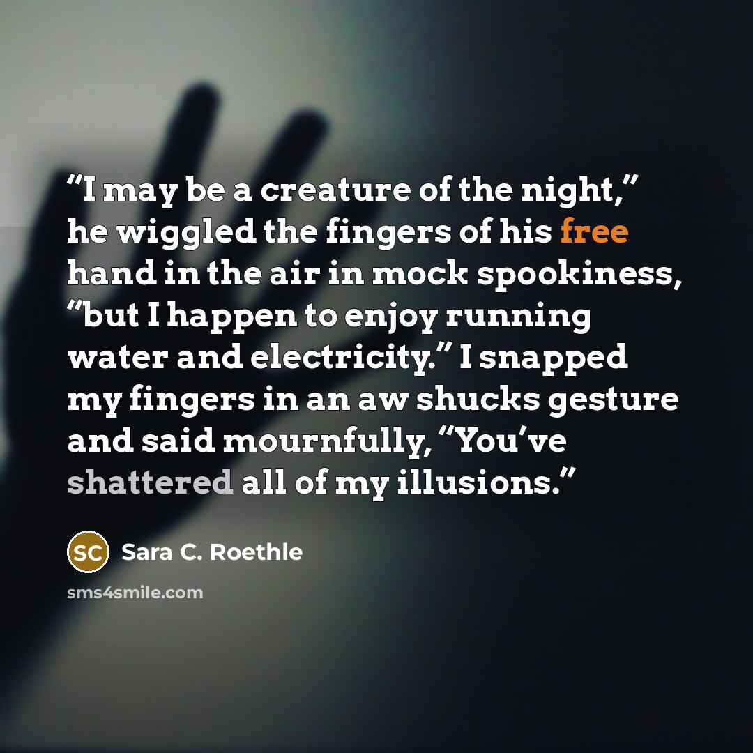 “I may be a creature of the night,” he wiggled the fingers of his free hand in the air in mock spookiness, “but I happen to enjoy running water and electricity.” I snapped my fingers in an aw shucks gesture and said mournfully, “You’ve shattered all of my illusions.” quote by Sara C. Roethle