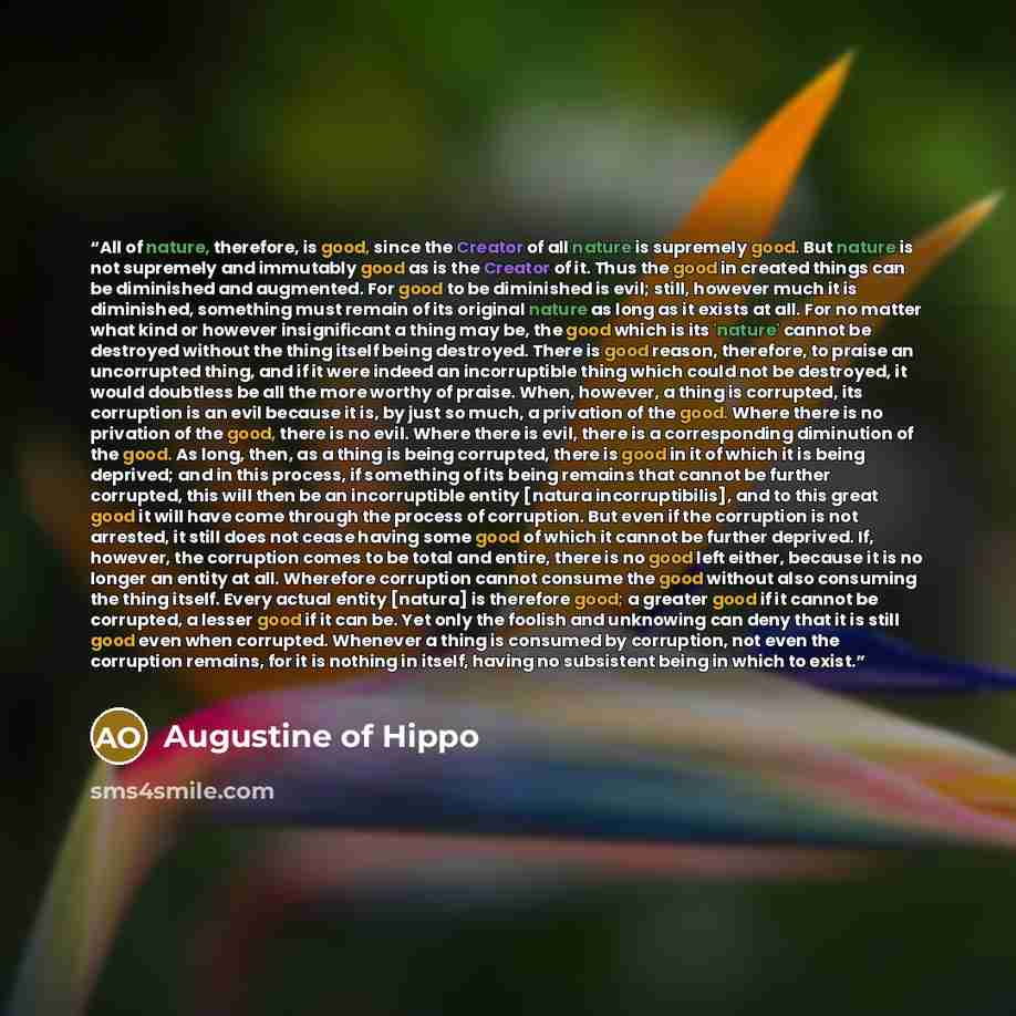 “All of nature, therefore, is good, since the Creator of all nature is supremely good. But nature is not supremely and immutably good as is the Creator of it. Thus the good in created things can be diminished and augmented. For good to be diminished is evil; still, however much it is diminished…” quote by Augustine of Hippo