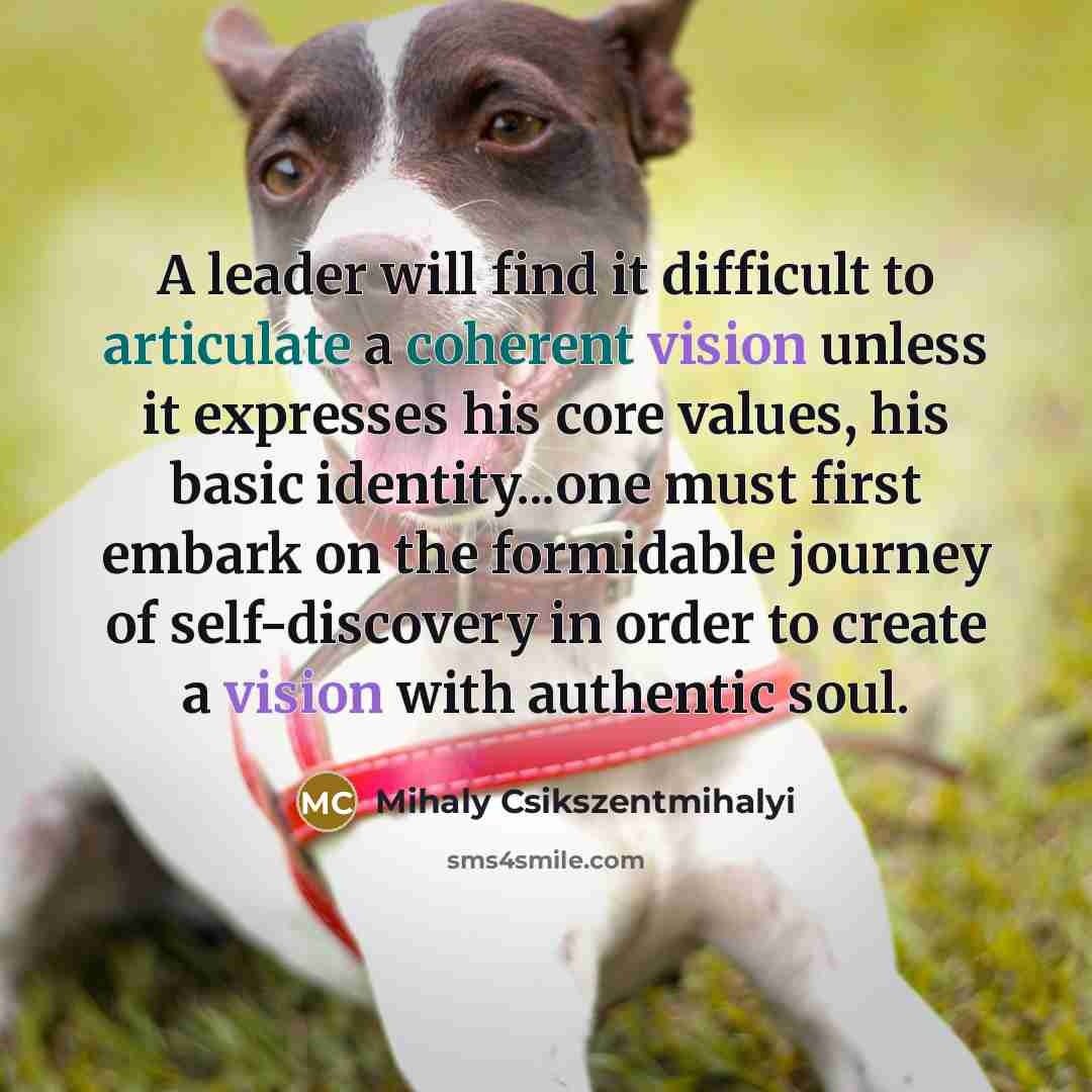 “A leader will find it difficult to articulate a coherent vision unless it expresses his core values, his basic identity...one must first embark on the formidable journey of self-discovery in order to create a vision with authentic soul.” quote by Mihaly Csikszentmihalyi