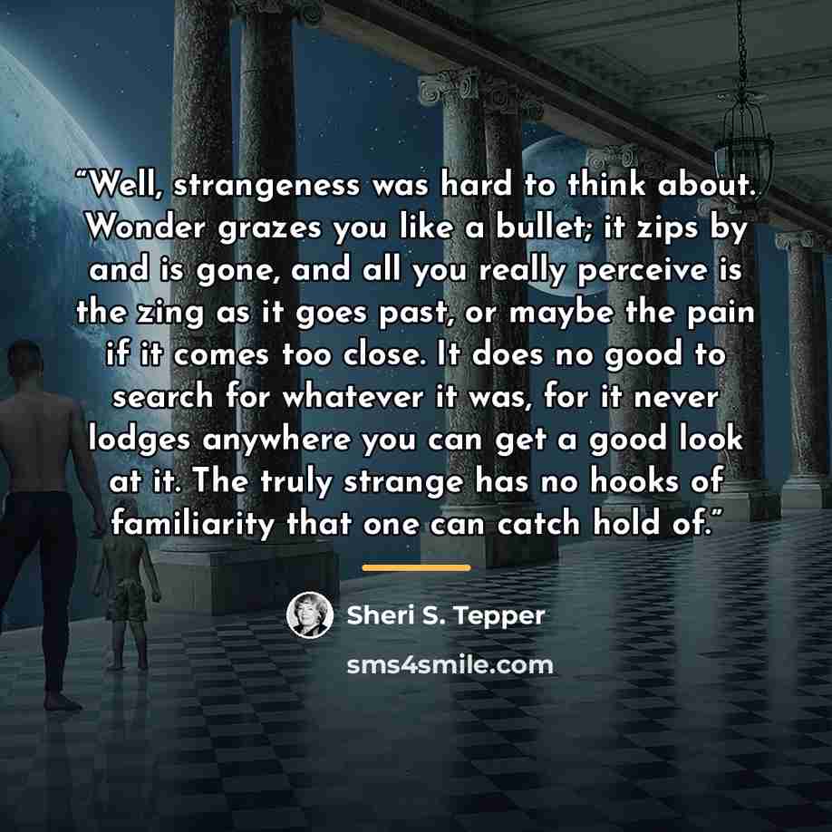 “Well, strangeness was hard to think about. Wonder grazes you like a bullet; it zips by and is gone, and all you really perceive is the zing as it goes past, or maybe the pain if it comes too close. It does no good to search for whatever it was, for it never lodges anywhere you can get a good look…” quote by Sheri S. Tepper