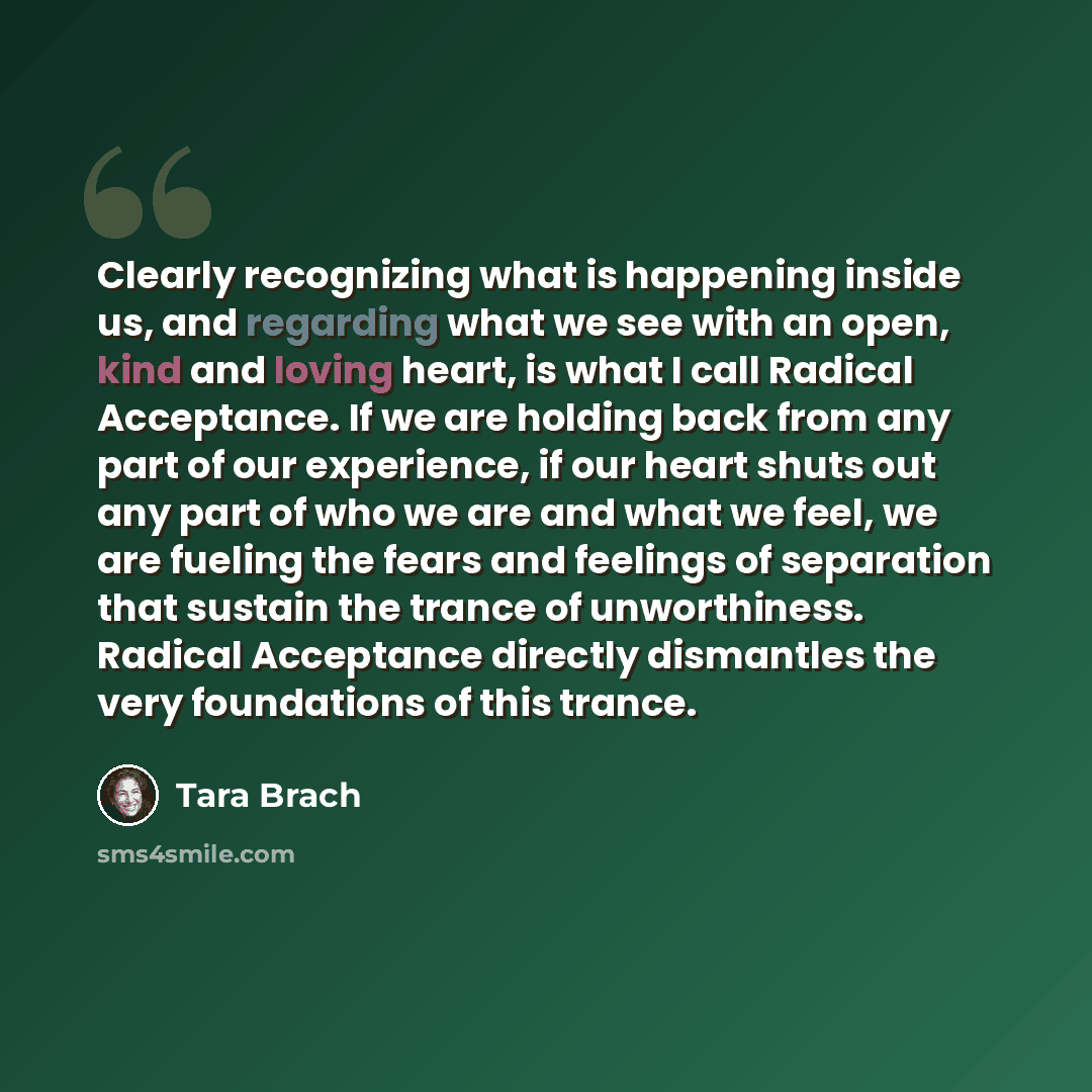 “Clearly recognizing what is happening inside us, and regarding what we see with an open, kind and loving heart, is what I call Radical Acceptance. If we are holding back from any part of our experience, if our heart shuts out any part of who we are and what we feel, we are fueling the fears and…” quote by Tara Brach