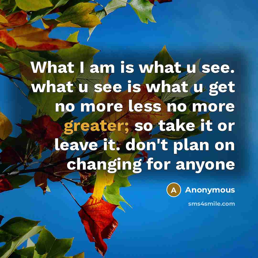 “What I am is what u see. what u see is what u get no more less no more greater; so take it or leave it. don't plan on changing for anyone” quote by Anonymous