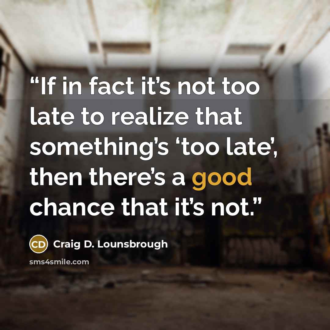 “If in fact it’s not too late to realize that something’s ‘too late’, then there’s a good chance that it’s not.” quote by Craig D. Lounsbrough