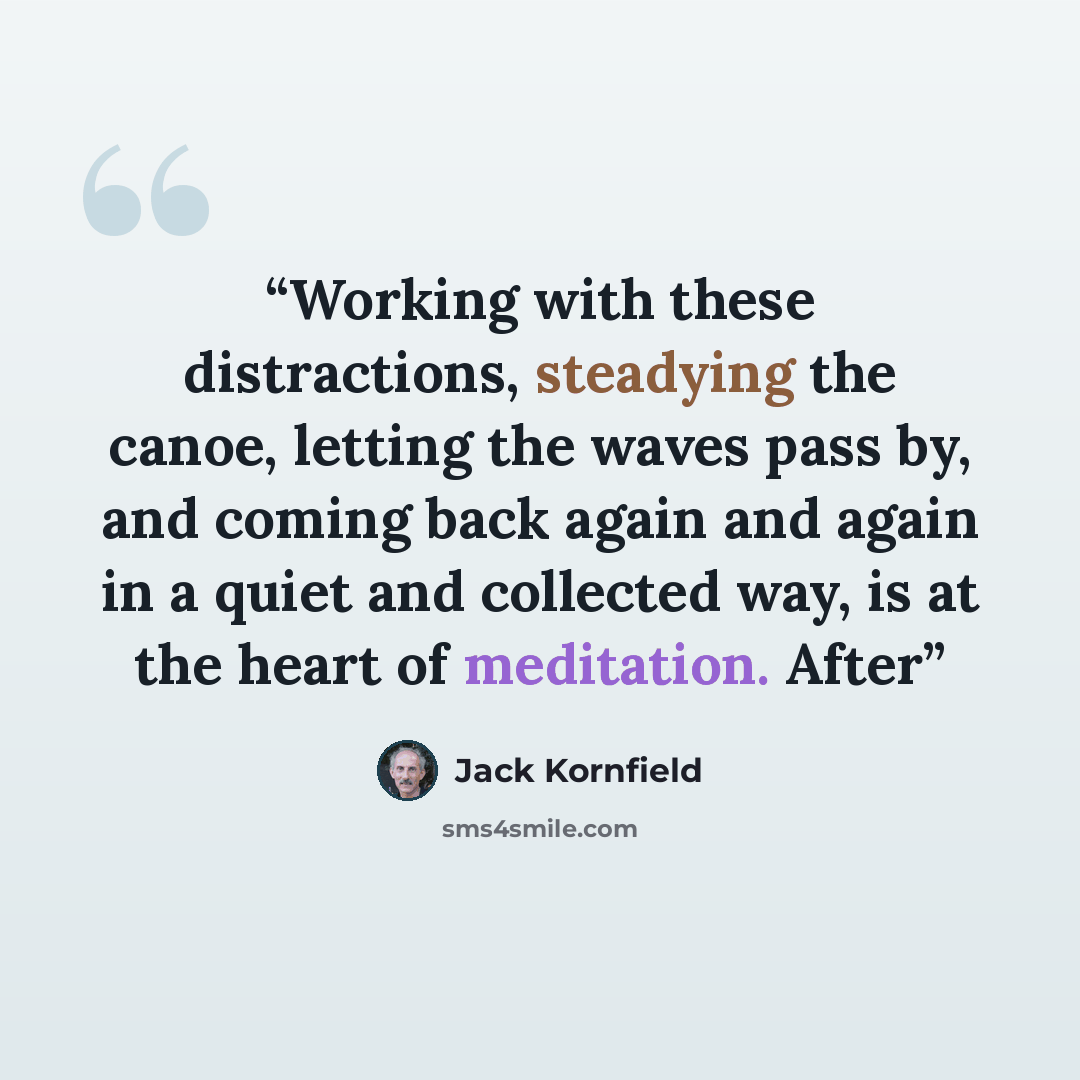 “Working with these distractions, steadying the canoe, letting the waves pass by, and coming back again and again in a quiet and collected way, is at the heart of meditation. After” quote by Jack Kornfield