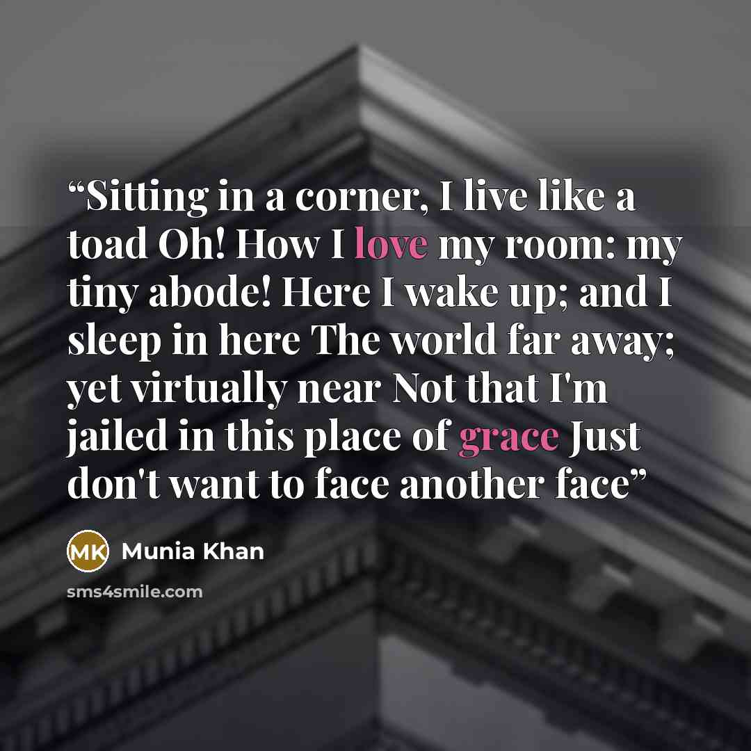 “Sitting in a corner, I live like a toad Oh! How I love my room: my tiny abode! Here I wake up; and I sleep in here The world far away; yet virtually near Not that I'm jailed in this place of grace Just don't want to face another face” quote by Munia Khan