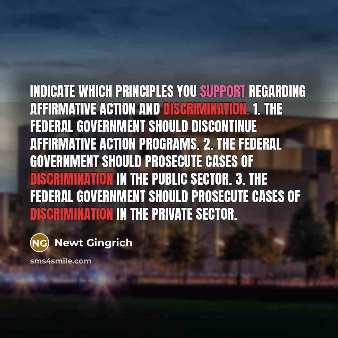 “Indicate which principles you support regarding affirmative action and discrimination. 1. The federal government should discontinue affirmative action programs. 2. The federal government should prosecute cases of discrimination in the public sector. 3. The federal government should prosecute cases…” quote by Newt Gingrich