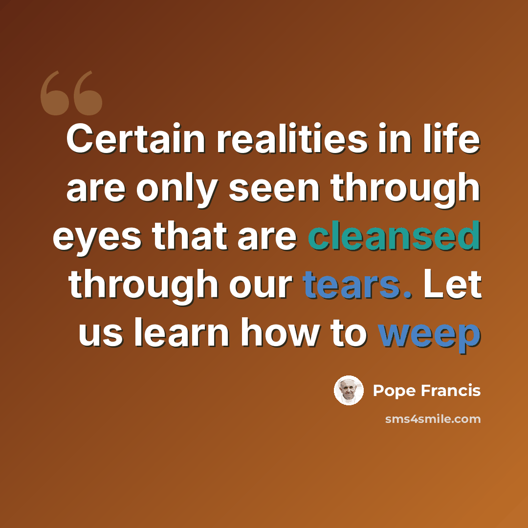 “Certain realities in life are only seen through eyes that are cleansed through our tears. Let us learn how to weep” quote by Pope Francis