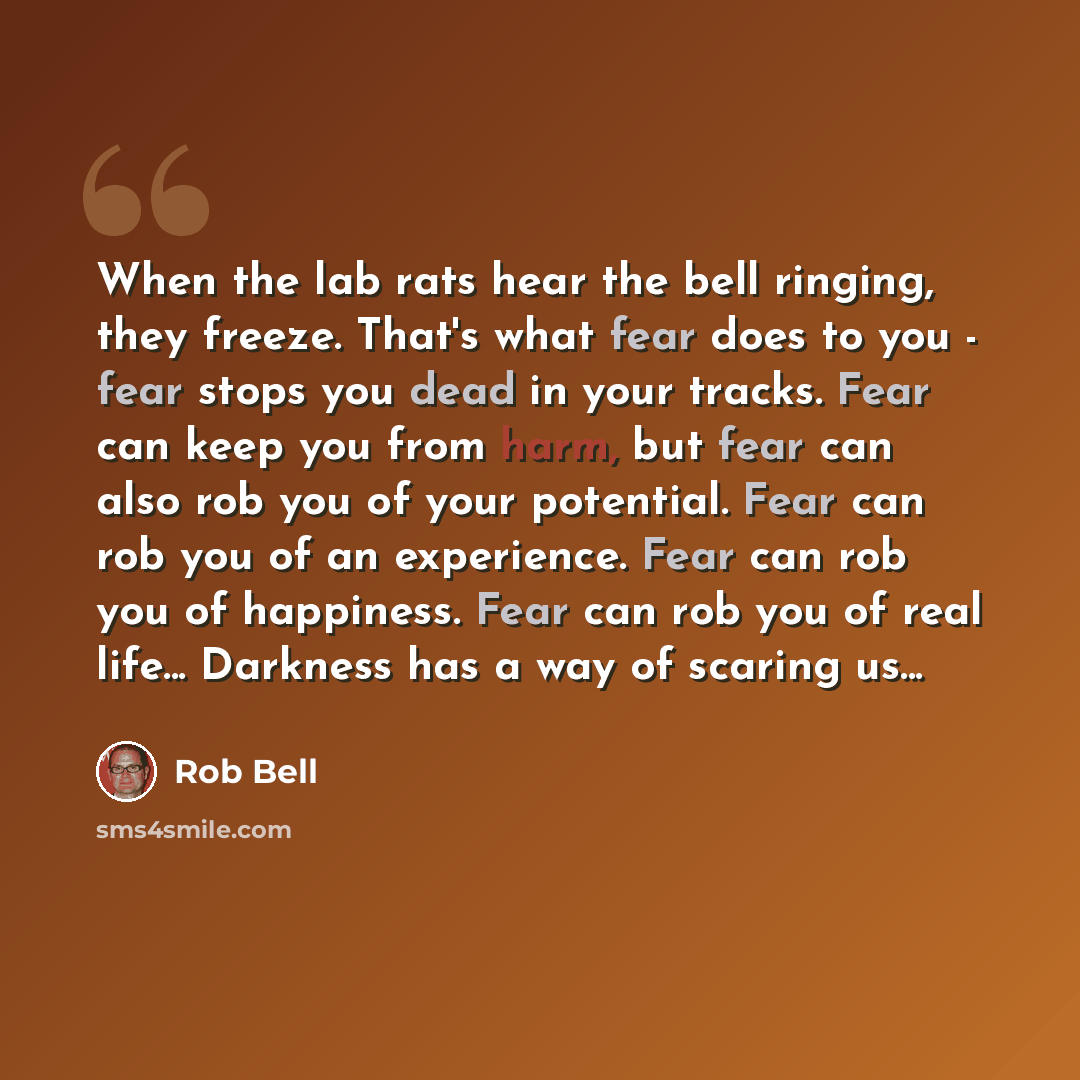 “When the lab rats hear the bell ringing, they freeze. That's what fear does to you - fear stops you dead in your tracks. Fear can keep you from harm, but fear can also rob you of your potential. Fear can rob you of an experience. Fear can rob you of happiness. Fear can rob you of real life…” quote by Rob Bell