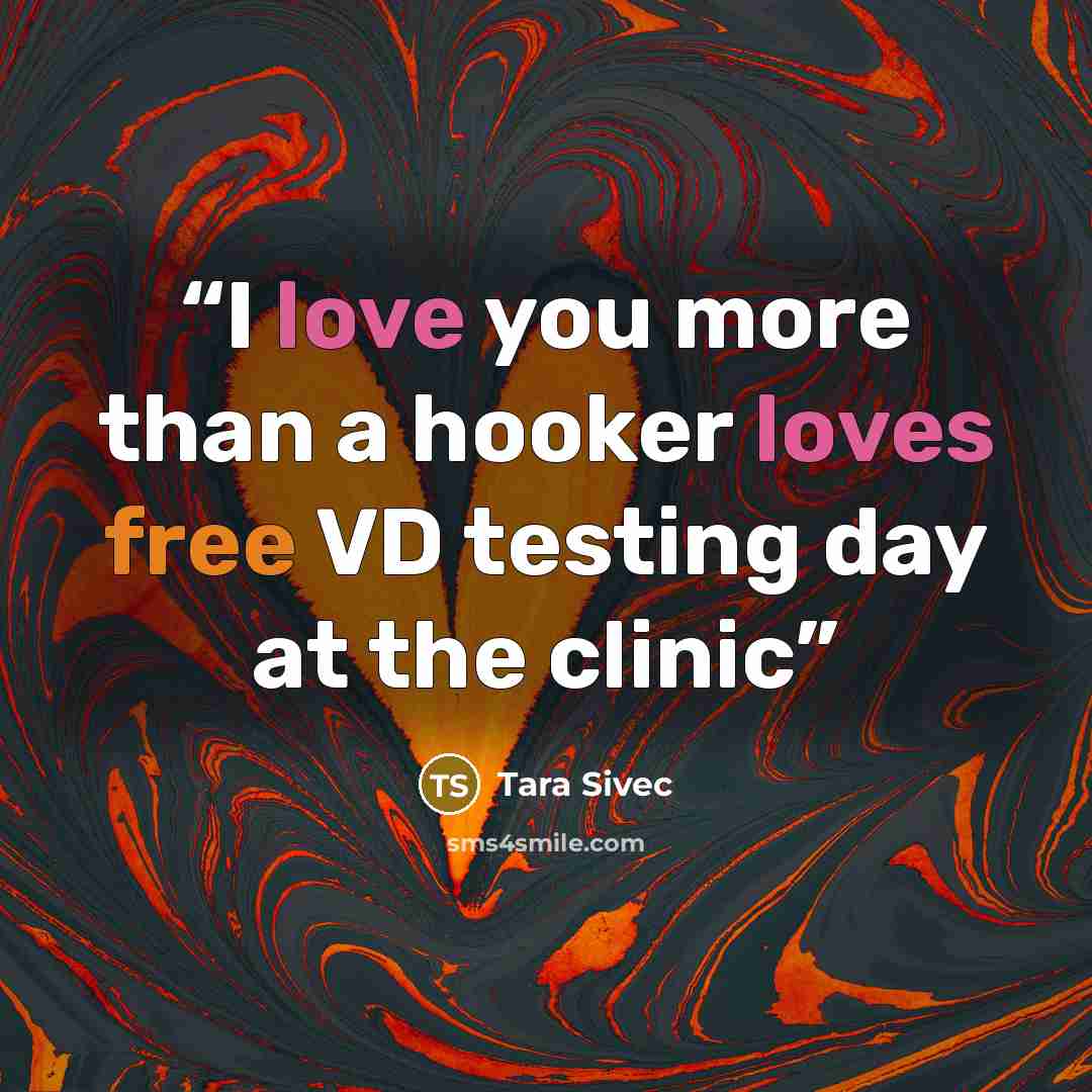 “I love you more than a hooker loves free VD testing day at the clinic” quote by Tara Sivec