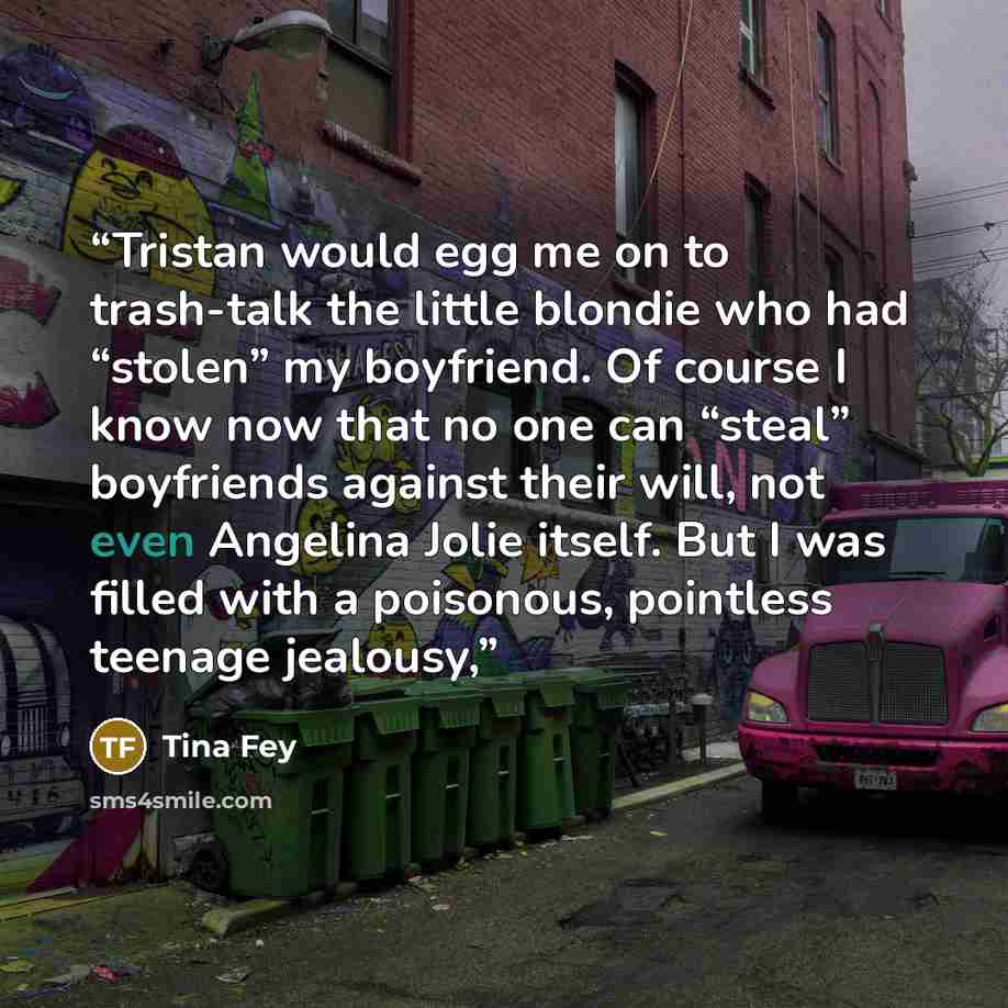“Tristan would egg me on to trash-talk the little blondie who had “stolen” my boyfriend. Of course I know now that no one can “steal” boyfriends against their will, not even Angelina Jolie itself. But I was filled with a poisonous, pointless teenage jealousy,” quote by Tina Fey