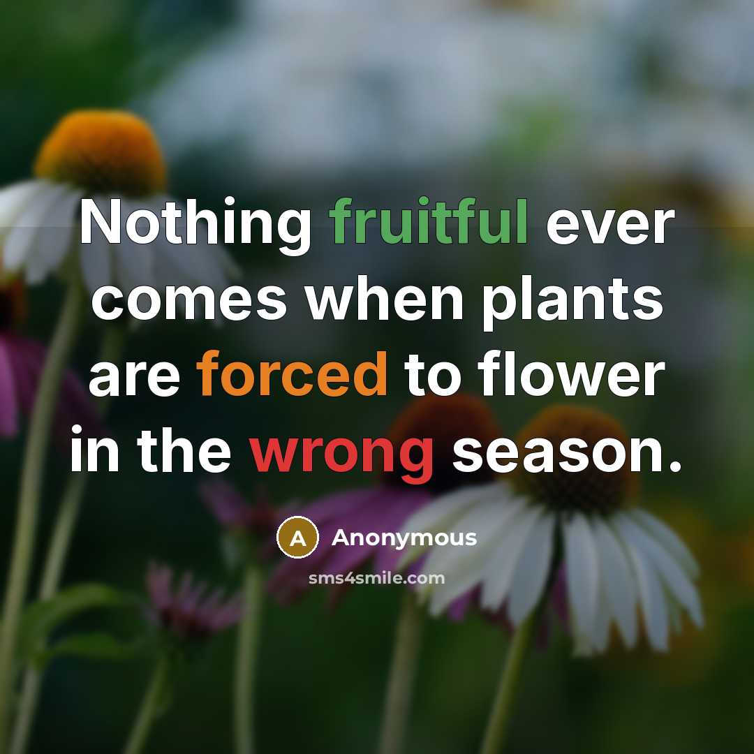“Nothing fruitful ever comes when plants are forced to flower in the wrong season.” quote by Anonymous