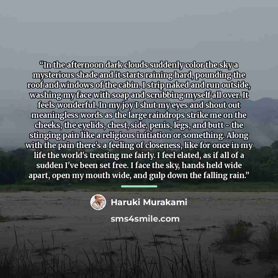 “In the afternoon dark clouds suddenly color the sky a mysterious shade and it starts raining hard, pounding the roof and windows of the cabin. I strip naked and run outside, washing my face with soap and scrubbing myself all over. It feels wonderful. In my joy I shut my eyes and shout out…” quote by Haruki Murakami