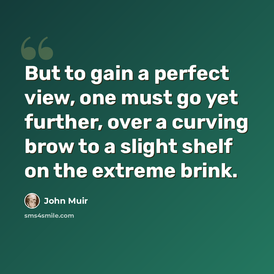 “But to gain a perfect view, one must go yet further, over a curving brow to a slight shelf on the extreme brink.” quote by John Muir