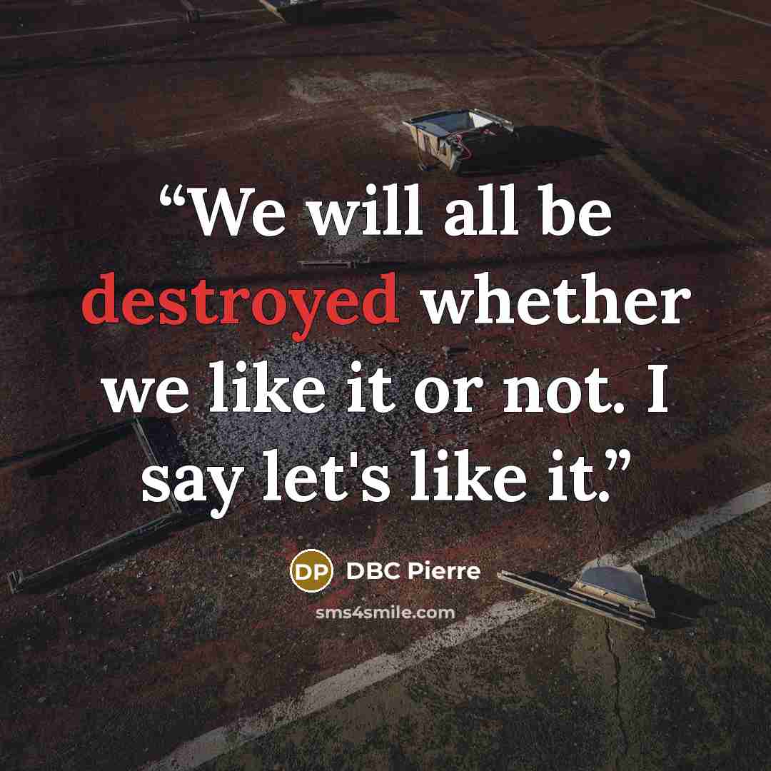 “We will all be destroyed whether we like it or not. I say let's like it.” quote by DBC Pierre