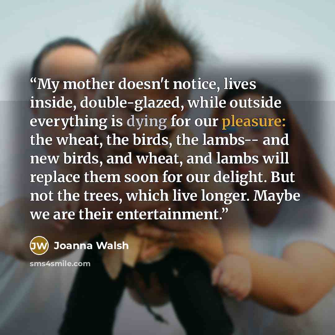 “My mother doesn't notice, lives inside, double-glazed, while outside everything is dying for our pleasure: the wheat, the birds, the lambs-- and new birds, and wheat, and lambs will replace them soon for our delight. But not the trees, which live longer. Maybe we are their entertainment.” quote by Joanna Walsh