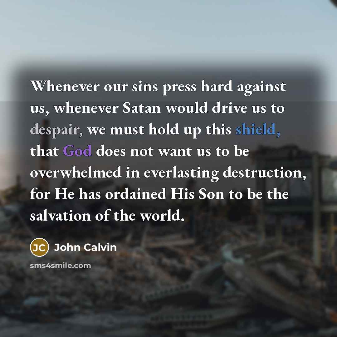 “Whenever our sins press hard against us, whenever Satan would drive us to despair, we must hold up this shield, that God does not want us to be overwhelmed in everlasting destruction, for He has ordained His Son to be the salvation of the world.” quote by John Calvin