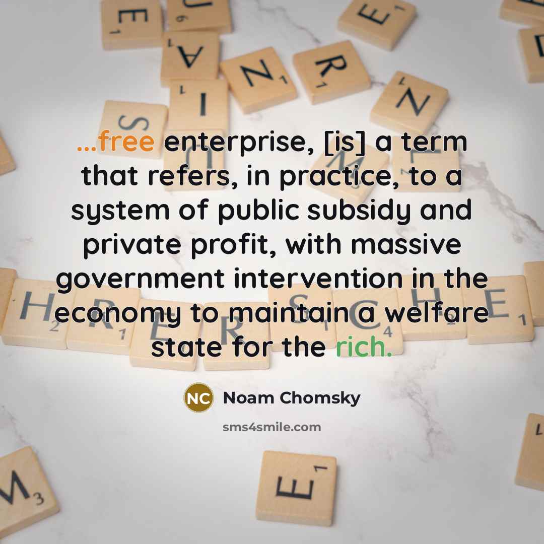 “...free enterprise, [is] a term that refers, in practice, to a system of public subsidy and private profit, with massive government intervention in the economy to maintain a welfare state for the rich.” quote by Noam Chomsky