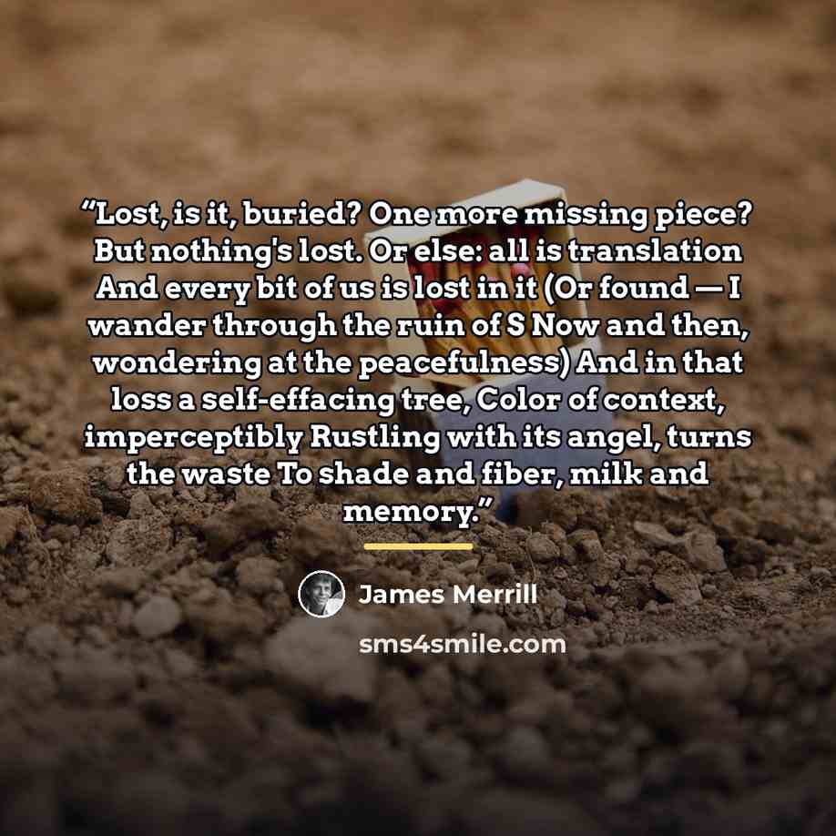 “Lost, is it, buried? One more missing piece? But nothing's lost. Or else: all is translation And every bit of us is lost in it (Or found — I wander through the ruin of S Now and then, wondering at the peacefulness) And in that loss a self-effacing tree, Color of context, imperceptibly Rustling…” quote by James Merrill