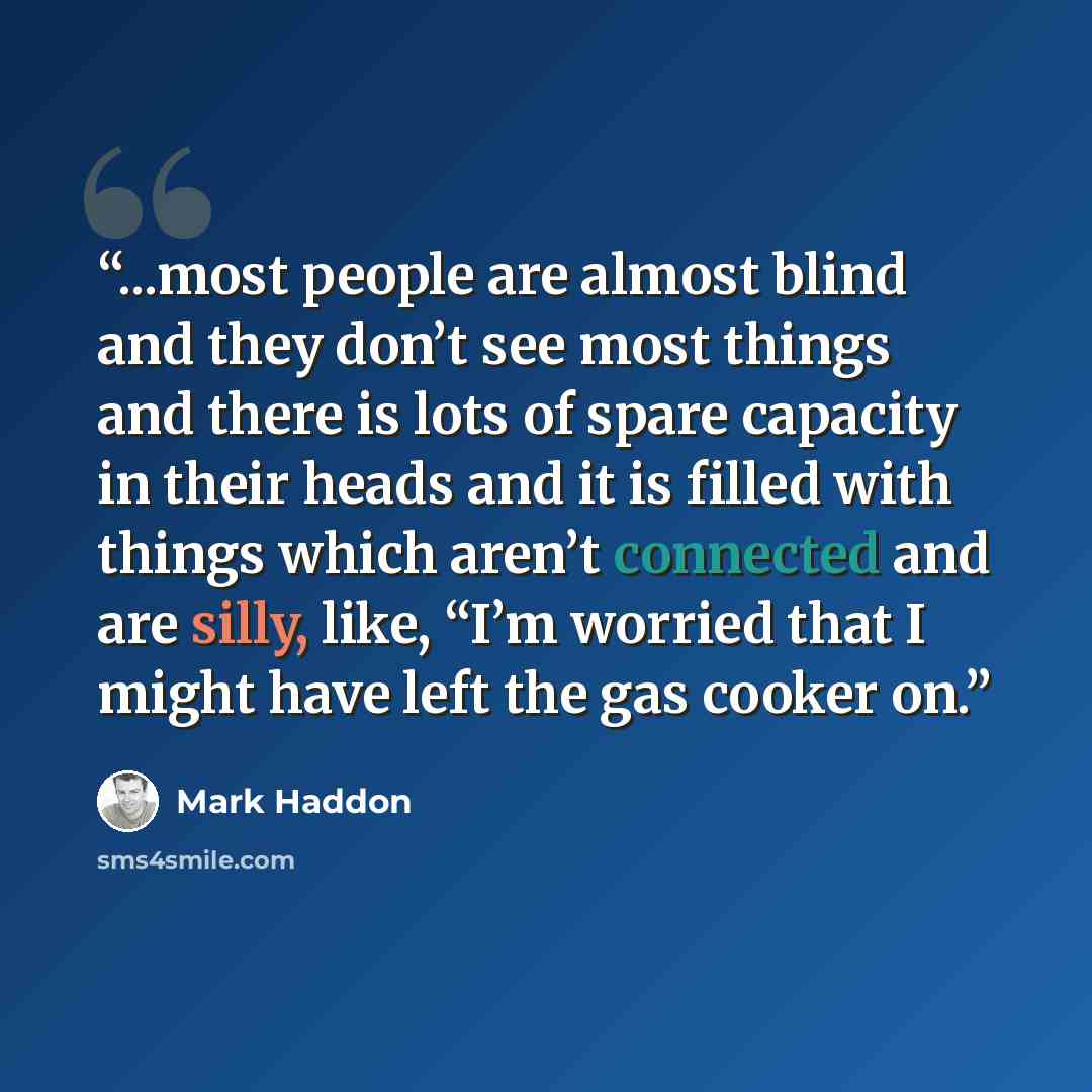 “...most people are almost blind and they don’t see most things and there is lots of spare capacity in their heads and it is filled with things which aren’t connected and are silly, like, “I’m worried that I might have left the gas cooker on.” quote by Mark Haddon