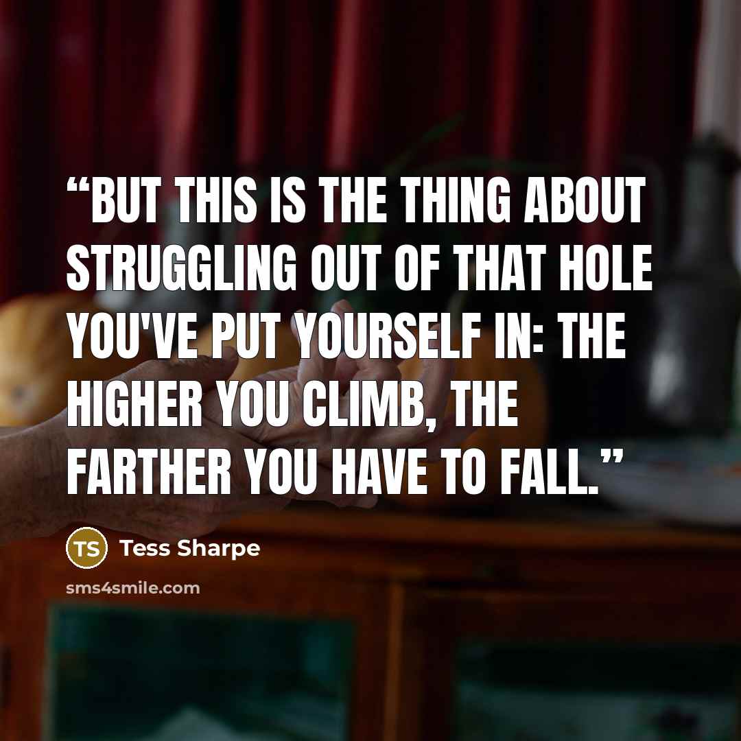 “But this is the thing about struggling out of that hole you've put yourself in: the higher you climb, the farther you have to fall.” quote by Tess Sharpe