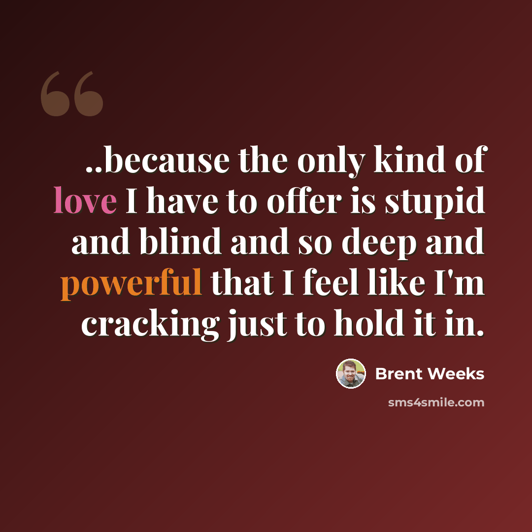 “..because the only kind of love I have to offer is stupid and blind and so deep and powerful that I feel like I'm cracking just to hold it in.” quote by Brent Weeks