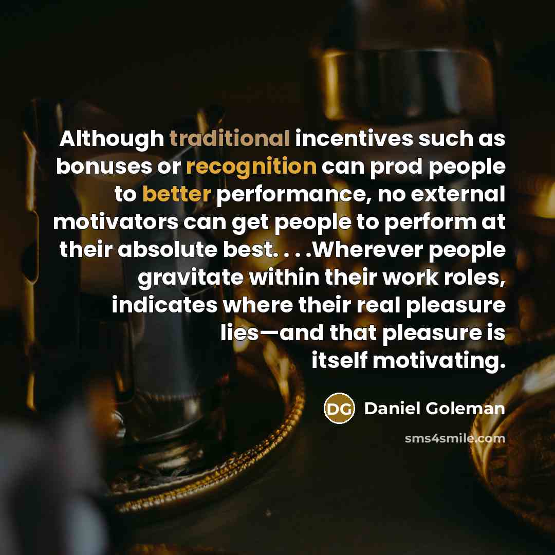 “Although traditional incentives such as bonuses or recognition can prod people to better performance, no external motivators can get people to perform at their absolute best. . . .Wherever people gravitate within their work roles, indicates where their real pleasure lies—and that pleasure is…” quote by Daniel Goleman