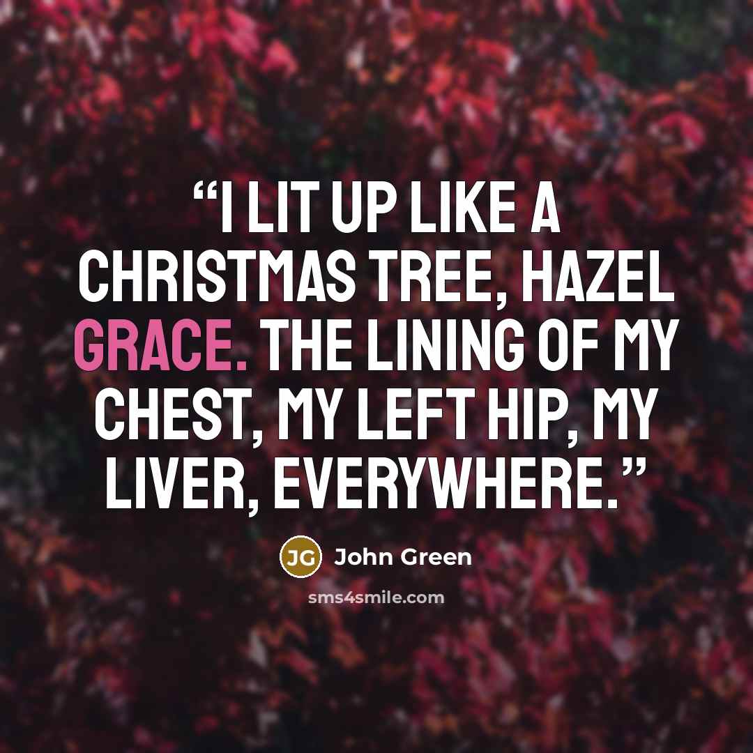 “I lit up like a Christmas tree, Hazel Grace. The lining of my chest, my left hip, my liver, everywhere.” quote by John Green