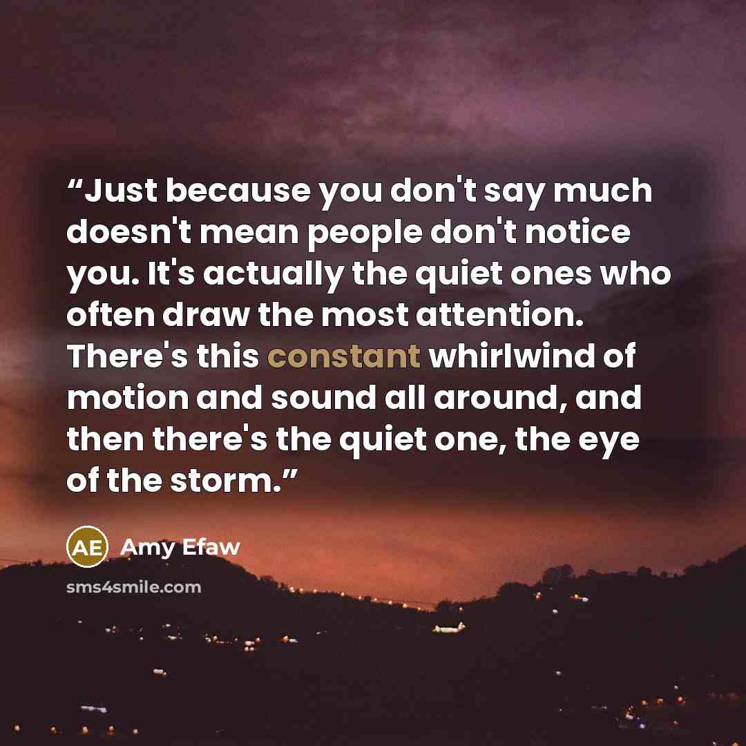 “Just because you don't say much doesn't mean people don't notice you. It's actually the quiet ones who often draw the most attention. There's this constant whirlwind of motion and sound all around, and then there's the quiet one, the eye of the storm.” quote by Amy Efaw