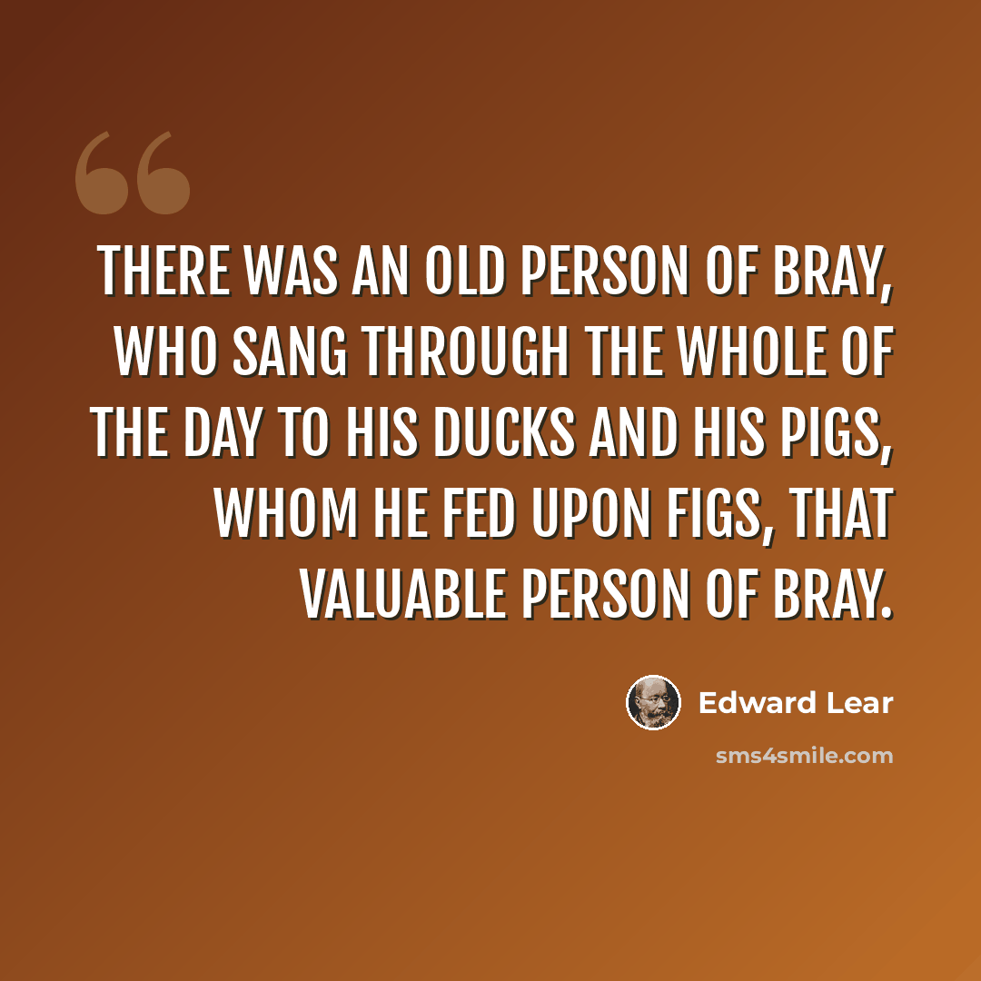 “There was an Old Person of Bray, Who sang through the whole of the day To his ducks and his pigs, whom he fed upon figs, That valuable Person of Bray.” quote by Edward Lear