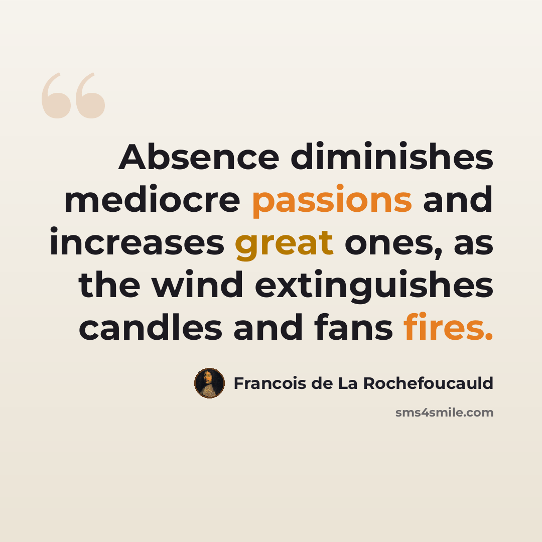 “Absence diminishes mediocre passions and increases great ones, as the wind extinguishes candles and fans fires.” quote by Francois de La Rochefoucauld