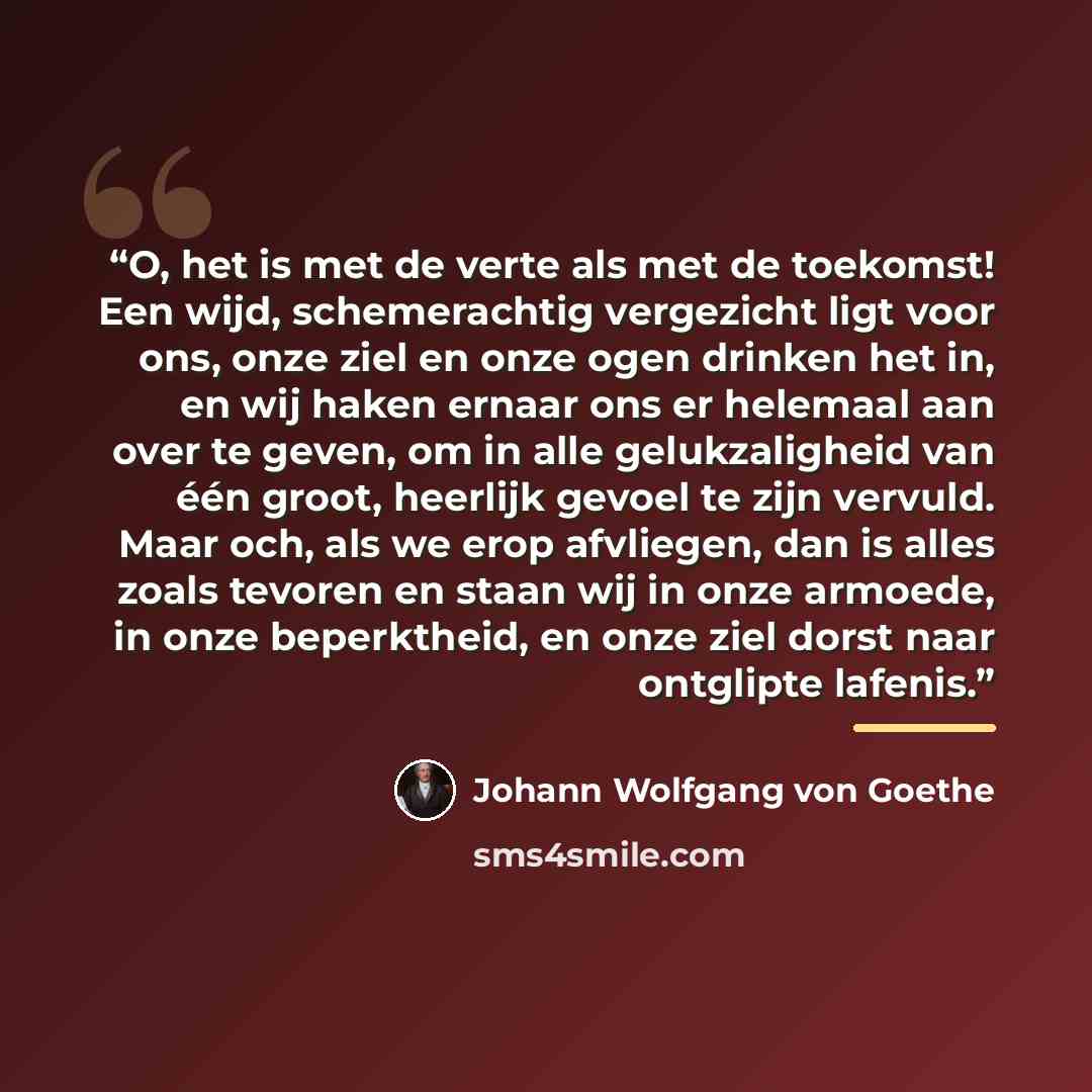 “O, het is met de verte als met de toekomst! Een wijd, schemerachtig vergezicht ligt voor ons, onze ziel en onze ogen drinken het in, en wij haken ernaar ons er helemaal aan over te geven, om in alle gelukzaligheid van één groot, heerlijk gevoel te zijn vervuld. Maar och, als we erop afvliegen, dan…” quote by Johann Wolfgang von Goethe