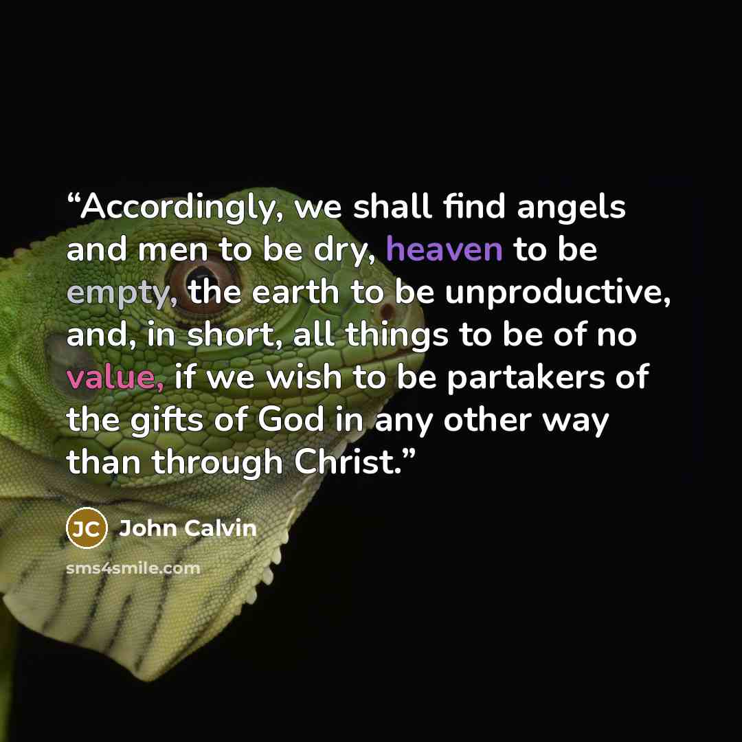 “Accordingly, we shall find angels and men to be dry, heaven to be empty, the earth to be unproductive, and, in short, all things to be of no value, if we wish to be partakers of the gifts of God in any other way than through Christ.” quote by John Calvin