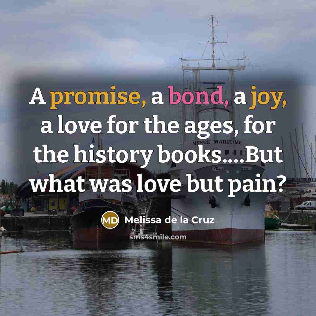 “A promise, a bond, a joy, a love for the ages, for the history books.…But what was love but pain?” quote by Melissa de la Cruz