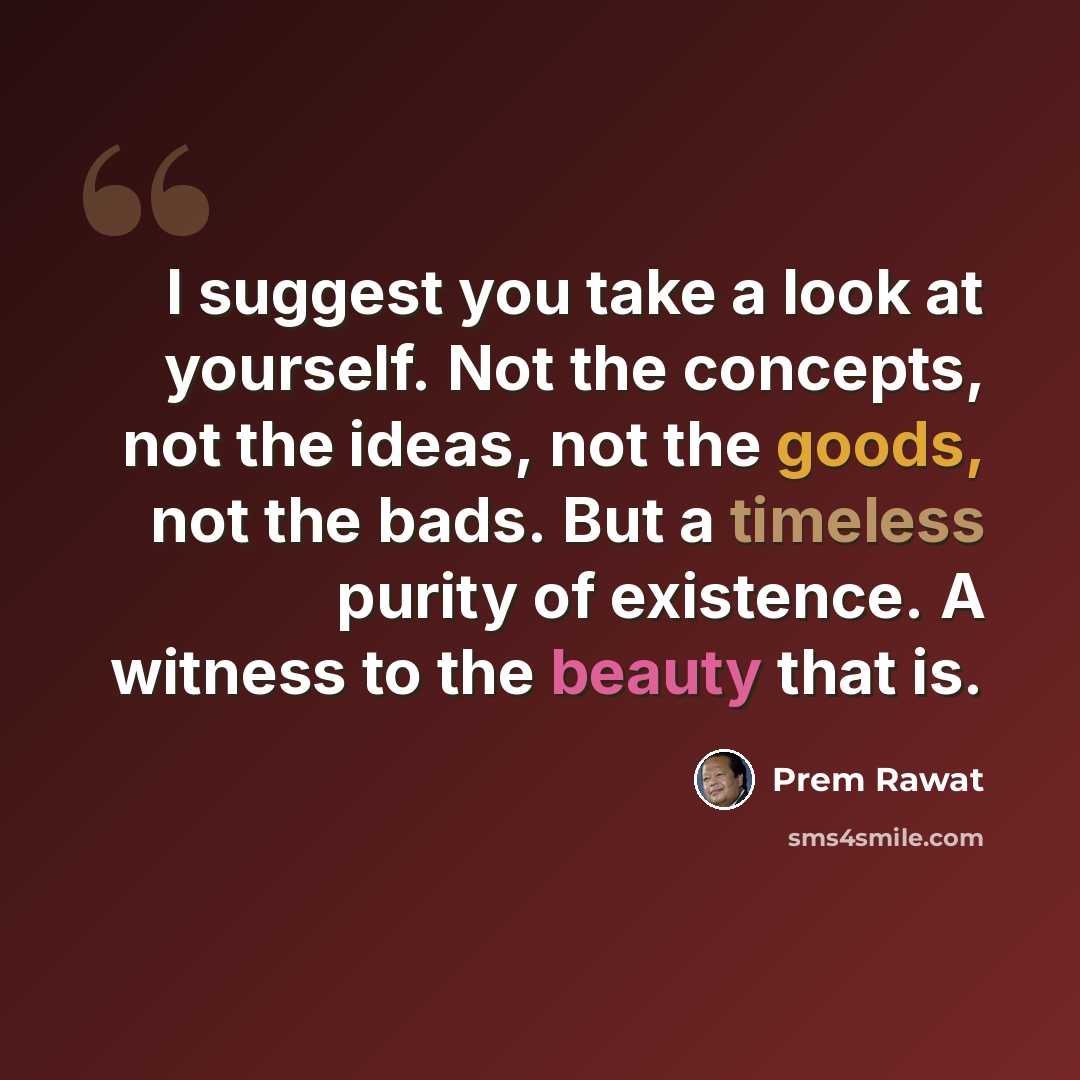 “I suggest you take a look at yourself. Not the concepts, not the ideas, not the goods, not the bads. But a timeless purity of existence. A witness to the beauty that is.” quote by Prem Rawat