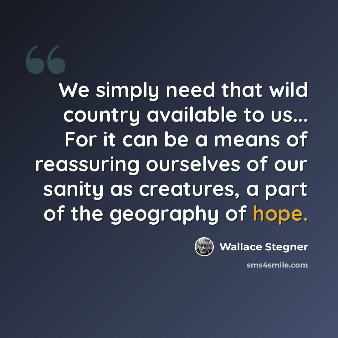 “We simply need that wild country available to us... For it can be a means of reassuring ourselves of our sanity as creatures, a part of the geography of hope.” quote by Wallace Stegner