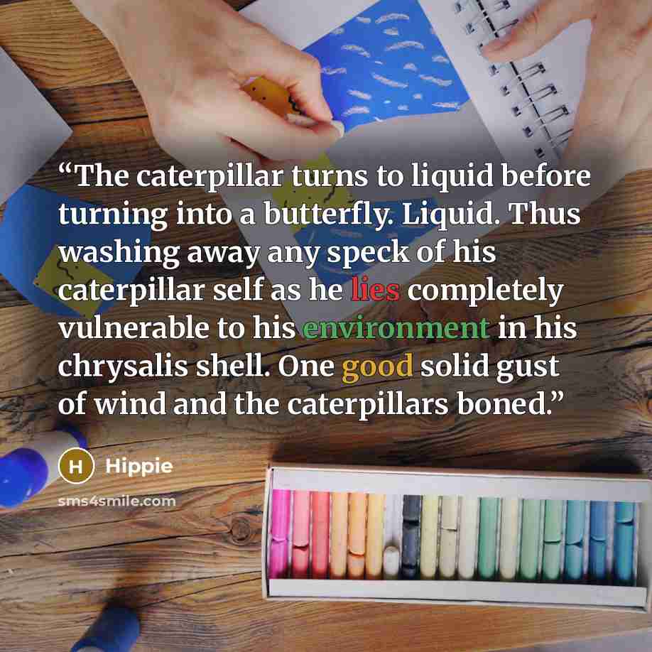 “The caterpillar turns to liquid before turning into a butterfly. Liquid. Thus washing away any speck of his caterpillar self as he lies completely vulnerable to his environment in his chrysalis shell. One good solid gust of wind and the caterpillars boned.” quote by Hippie