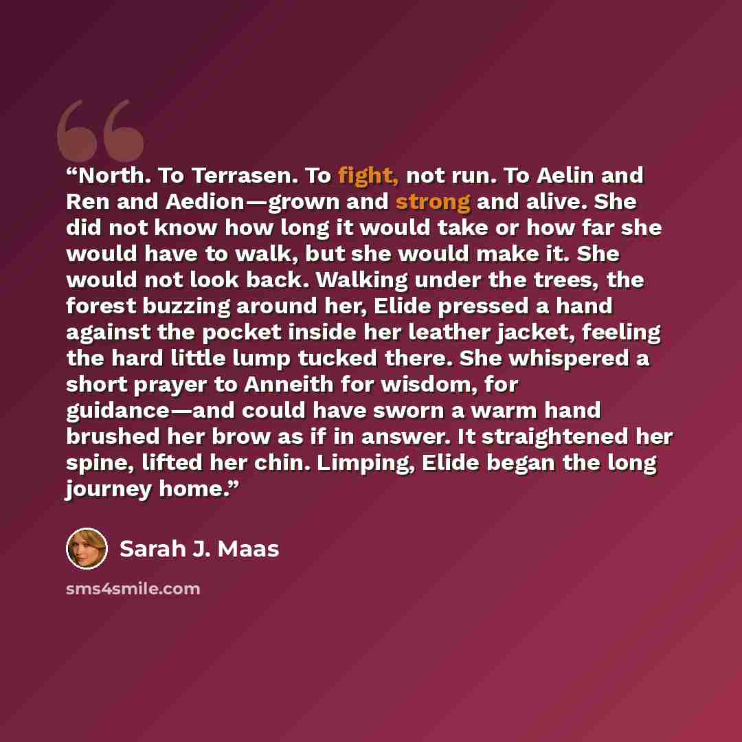 “North. To Terrasen. To fight, not run. To Aelin and Ren and Aedion—grown and strong and alive. She did not know how long it would take or how far she would have to walk, but she would make it. She would not look back. Walking under the trees, the forest buzzing around her, Elide pressed a hand…” quote by Sarah J. Maas