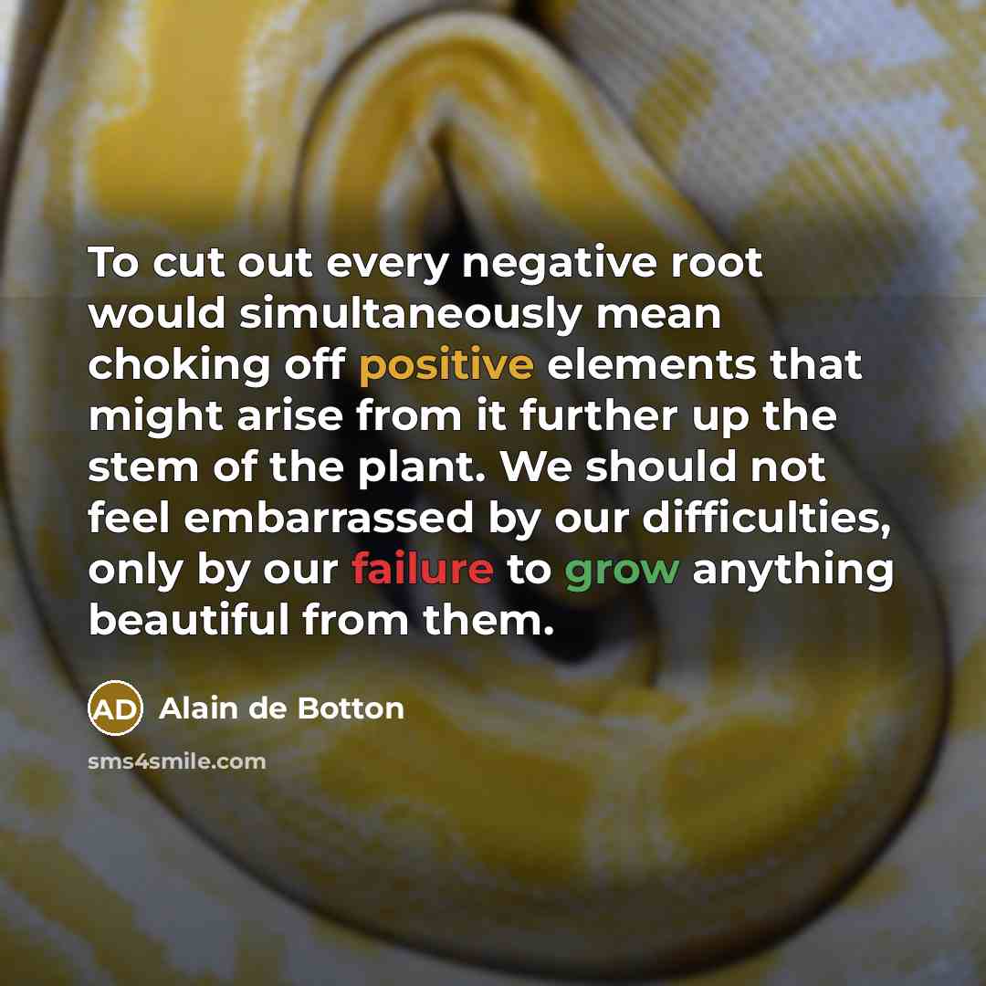 “To cut out every negative root would simultaneously mean choking off positive elements that might arise from it further up the stem of the plant. We should not feel embarrassed by our difficulties, only by our failure to grow anything beautiful from them.” quote by Alain de Botton