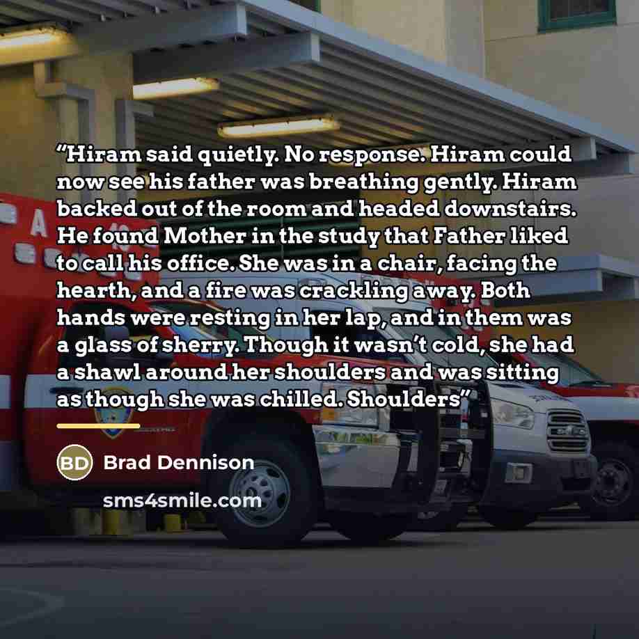 “Hiram said quietly. No response. Hiram could now see his father was breathing gently. Hiram backed out of the room and headed downstairs. He found Mother in the study that Father liked to call his office. She was in a chair, facing the hearth, and a fire was crackling away. Both hands were resting…” quote by Brad Dennison