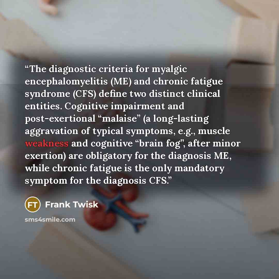 “The diagnostic criteria for myalgic encephalomyelitis (ME) and chronic fatigue syndrome (CFS) define two distinct clinical entities. Cognitive impairment and post-exertional “malaise” (a long-lasting aggravation of typical symptoms, e.g., muscle weakness and cognitive “brain fog”, after minor…” quote by Frank Twisk