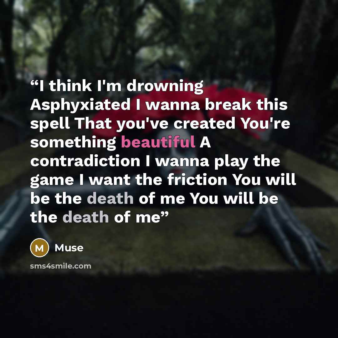 “I think I'm drowning Asphyxiated I wanna break this spell That you've created You're something beautiful A contradiction I wanna play the game I want the friction You will be the death of me You will be the death of me” quote by Muse