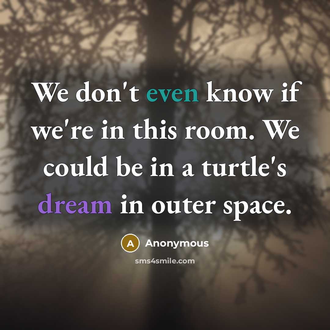 “We don't even know if we're in this room. We could be in a turtle's dream in outer space.” quote by Anonymous