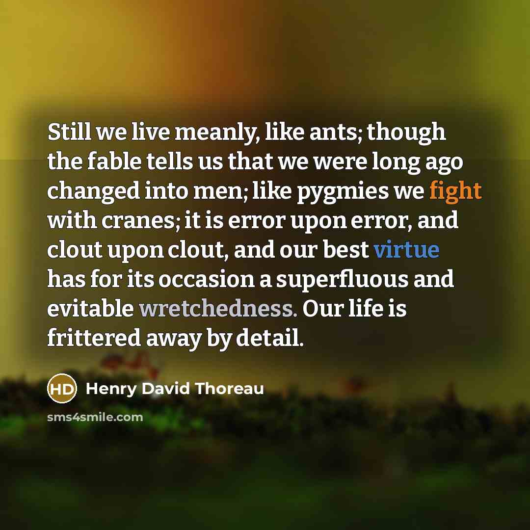 “Still we live meanly, like ants; though the fable tells us that we were long ago changed into men; like pygmies we fight with cranes; it is error upon error, and clout upon clout, and our best virtue has for its occasion a superfluous and evitable wretchedness. Our life is frittered away by detail.” quote by Henry David Thoreau
