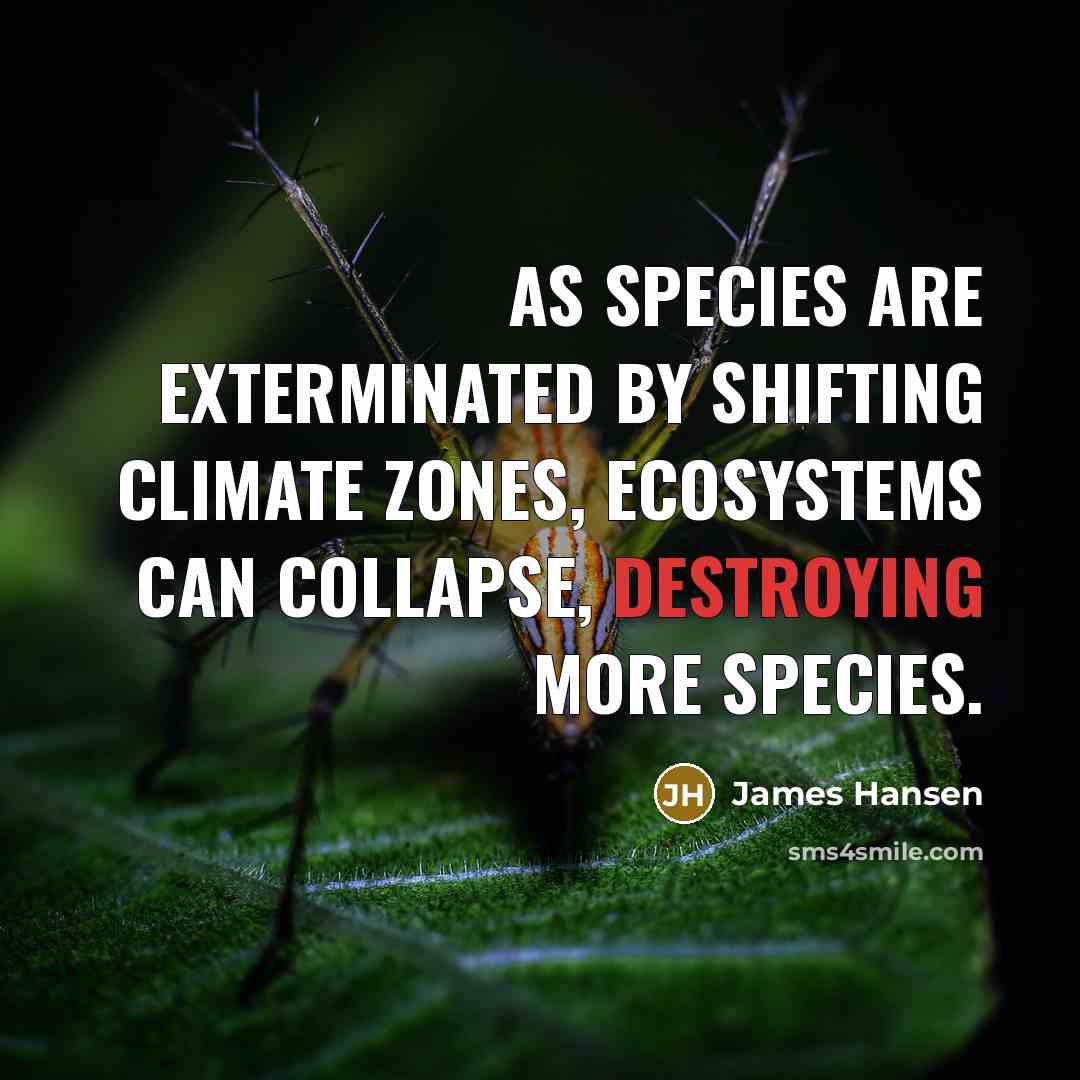 “As species are exterminated by shifting climate zones, ecosystems can collapse, destroying more species.” quote by James Hansen
