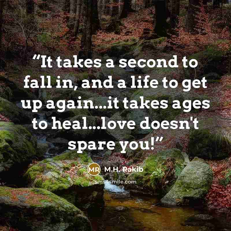 “It takes a second to fall in, and a life to get up again...it takes ages to heal...love doesn't spare you!” quote by M.H. Rakib