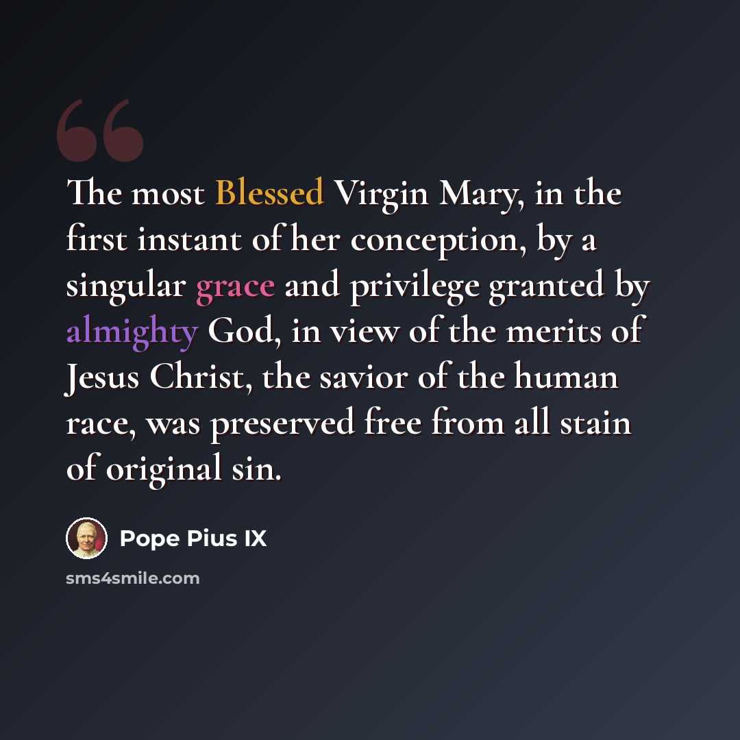 “The most Blessed Virgin Mary, in the first instant of her conception, by a singular grace and privilege granted by almighty God, in view of the merits of Jesus Christ, the savior of the human race, was preserved free from all stain of original sin.” quote by Pope Pius IX